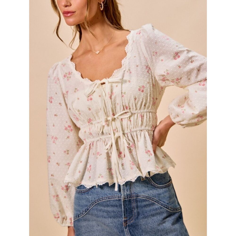 So Me Cream Floral Lace-Trim Smocked Peplum Blouse Medium 6/8